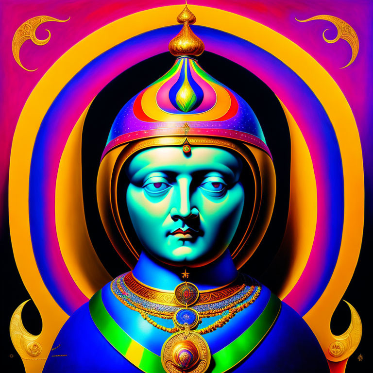 Colorful Stylized Figure with Elaborate Headgear on Psychedelic Background