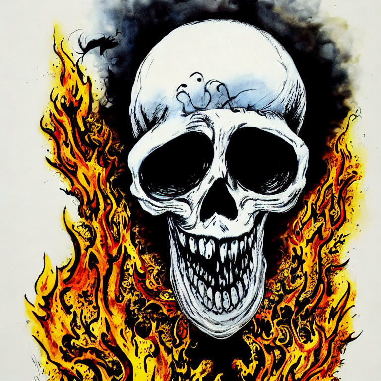 Skull with Flames and Baby Figure on Dark Background