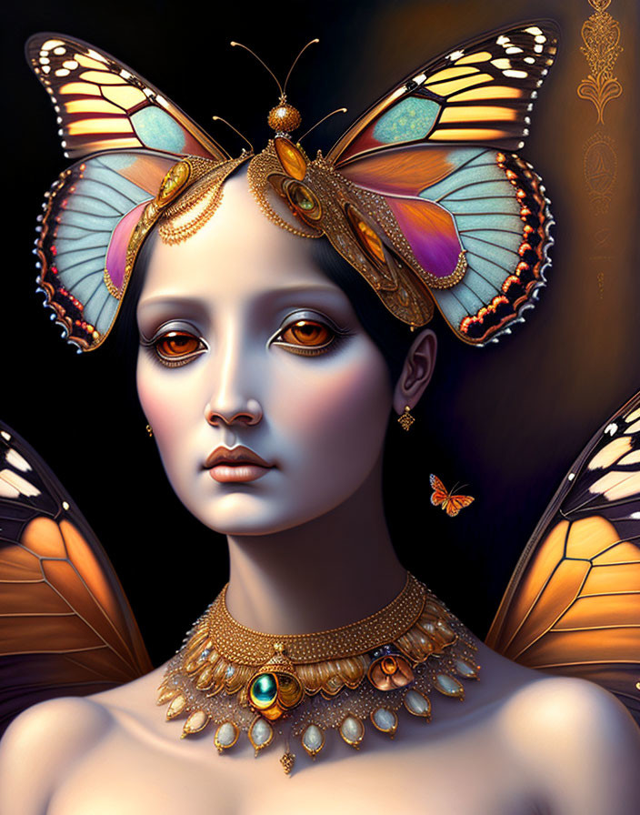 Digital artwork: Woman with butterfly wings, gold tones, small butterfly detail