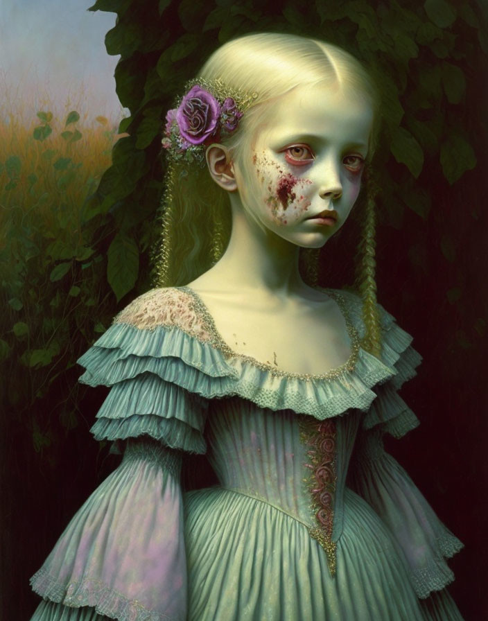 Pale-skinned young girl in Victorian dress with purple flower, exuding eerie aura.