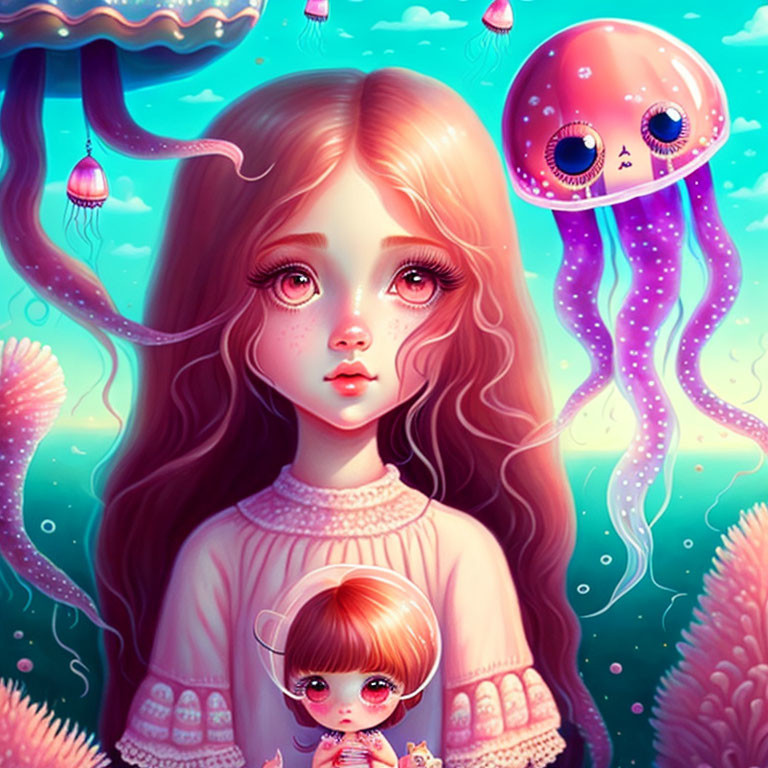 Whimsical underwater girl surrounded by coral and jellyfish