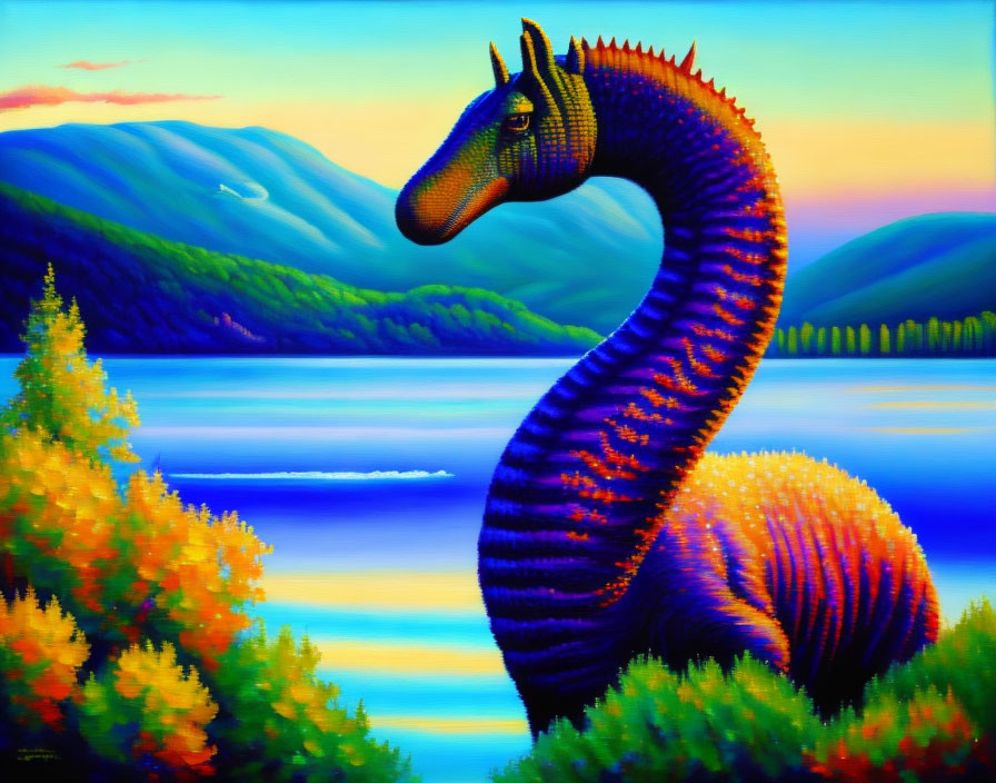 Colorful mythical dragon-like creature in scenic landscape.