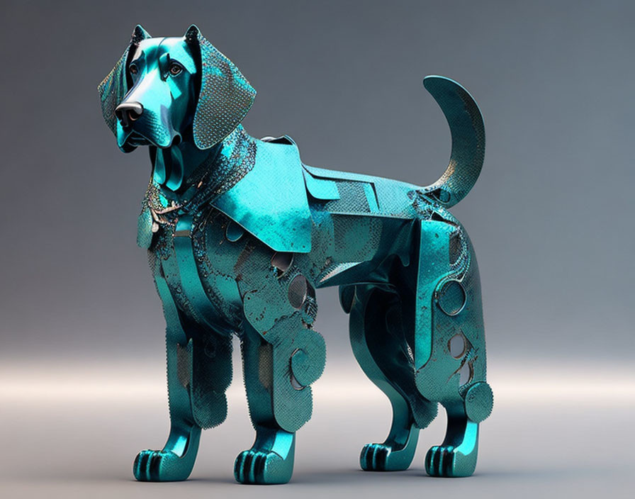 Robotic dog digital art with blue circuit patterns on gray background