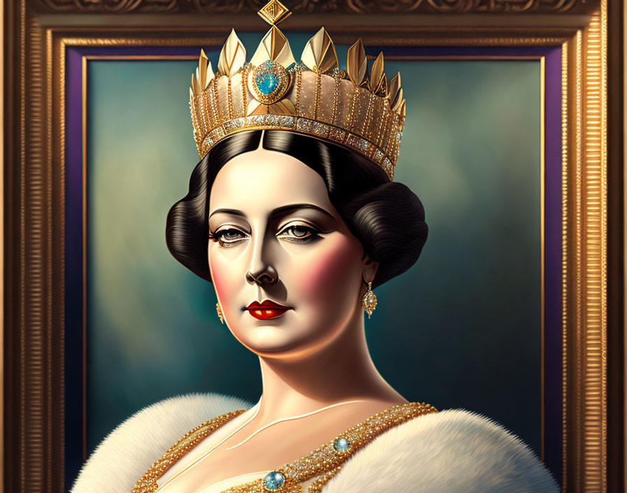 Regal woman in golden crown with pearls and fur