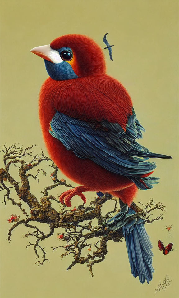 Colorful Bird Illustration with Red Body, Blue Wings, and White Face on Twisted Branch