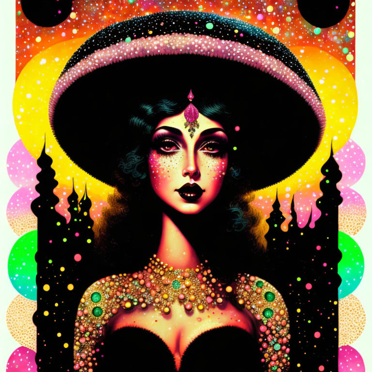 Colorful Woman Illustration with Elaborate Halo and Psychedelic Background