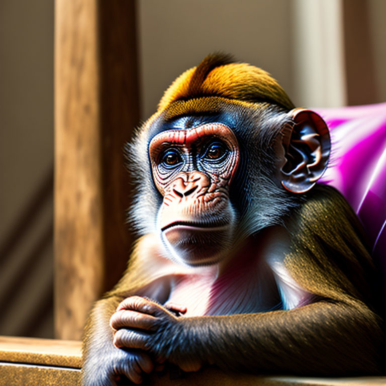 Monkey with thoughtful expression by window in sunlight