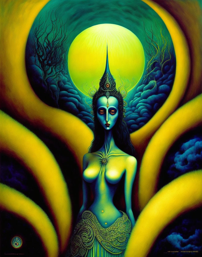 Surrealistic painting of female figure with intricate headpiece against moon, trees, yellow swirls