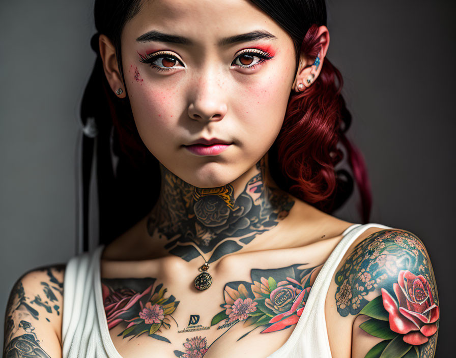 Portrait of a woman with colorful tattoos and red eye makeup