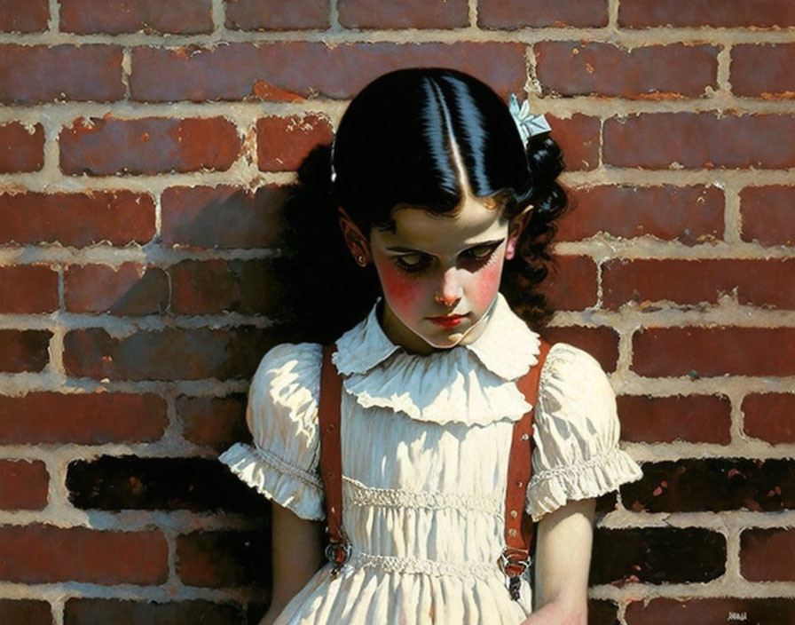 Young girl in white dress by brick wall gazes down