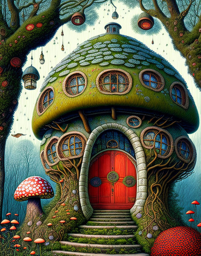 Whimsical mushroom house in magical forest with birdcages