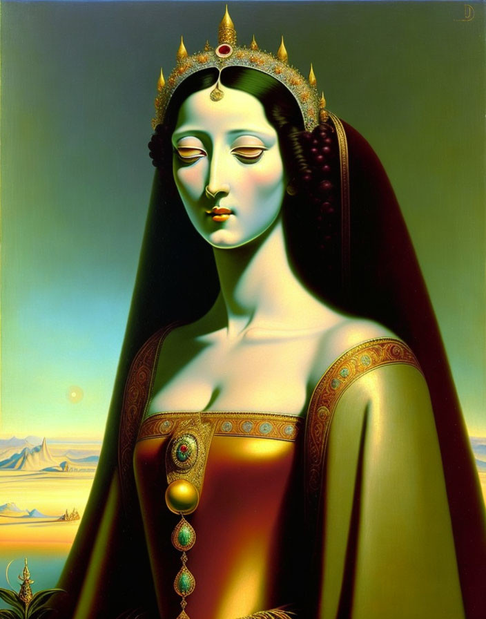 Surreal portrait of a woman with golden crown and mountain landscape