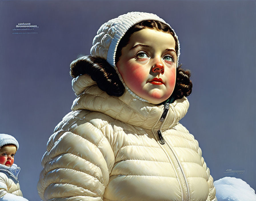 Portrait of Young Child in White Winter Jacket with Blue Eyes