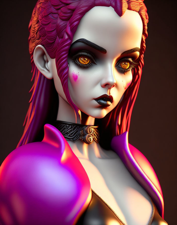 Vibrant 3D illustration of female figure with purple skin and pink hair