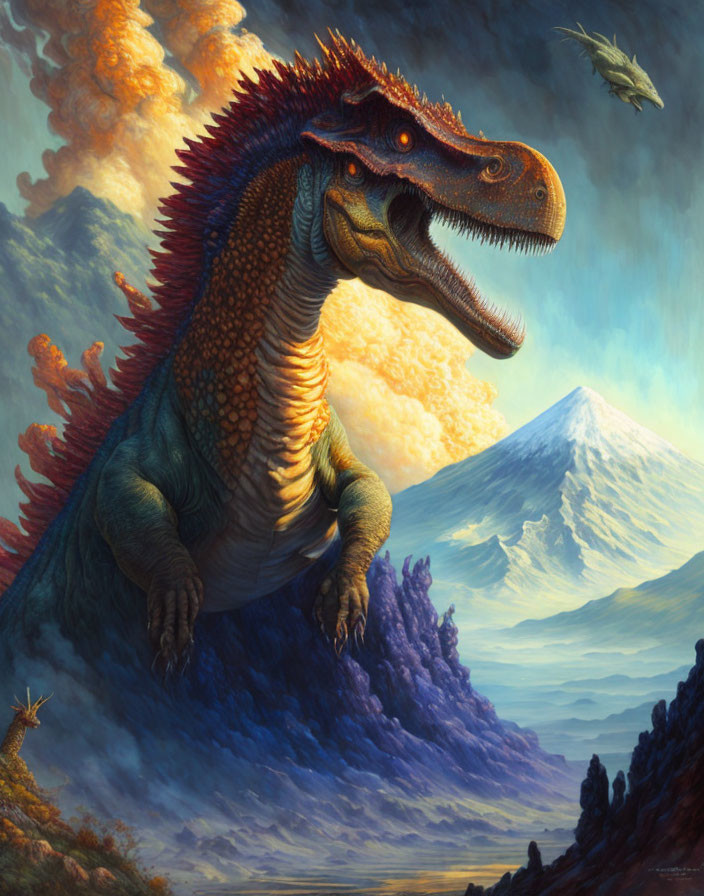 Majestic red and yellow dragon on cliff with mountains and billowing clouds