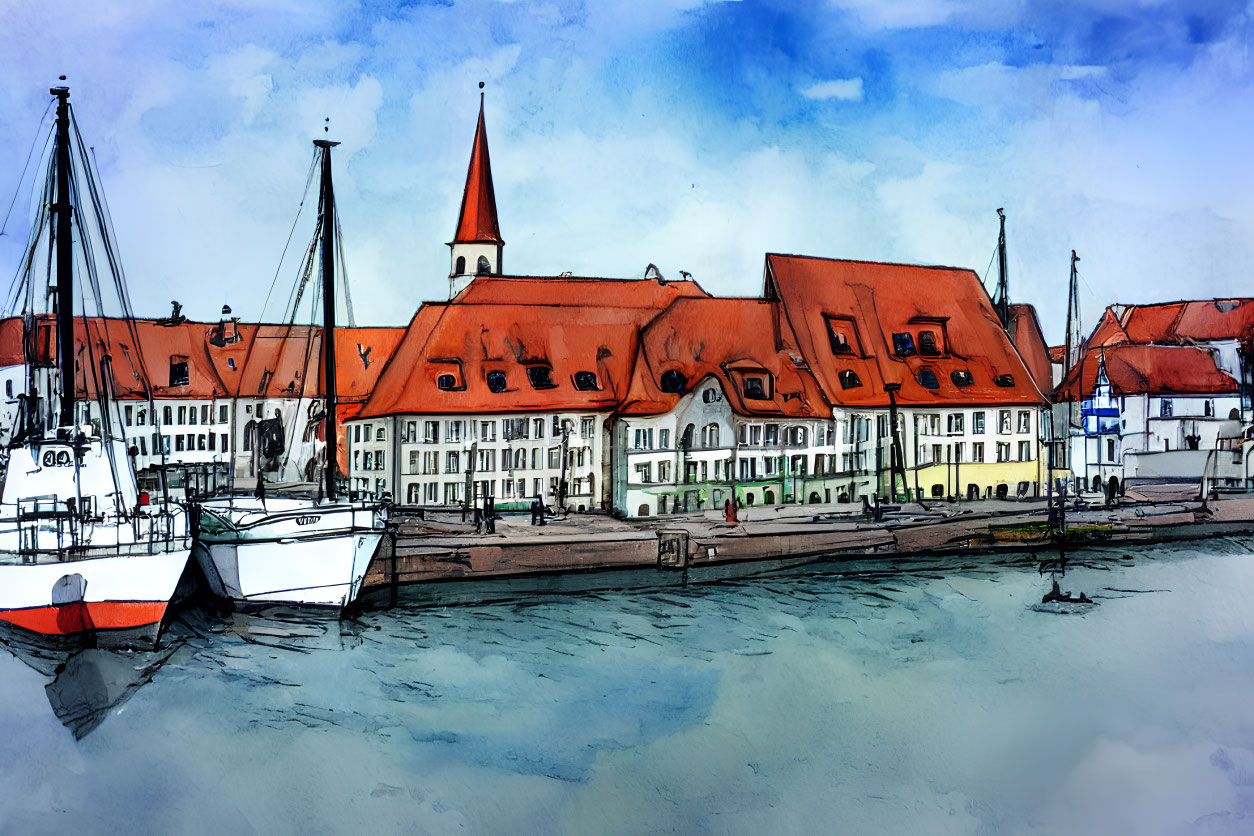 Harbor scene watercolor illustration with boats and buildings