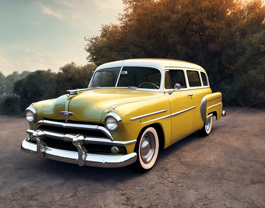 Classic Yellow Station Wagon with Chrome Details and White-Walled Tires at Sunset