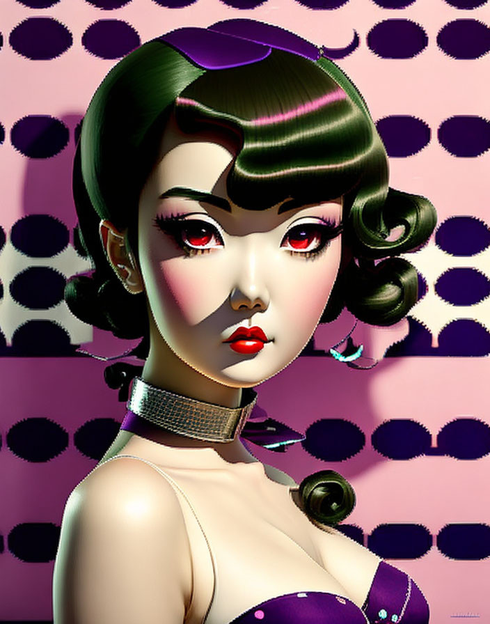 Stylized woman with brown hair and red lipstick in purple attire on spotted pink background