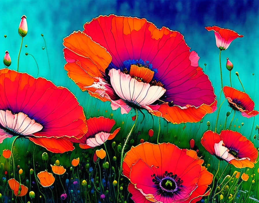 Colorful digital painting of red poppies on turquoise background