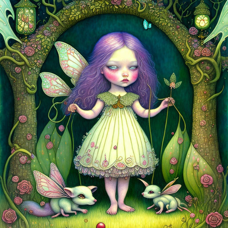 Whimsical girl with purple hair and fairy wings in lush forest scene