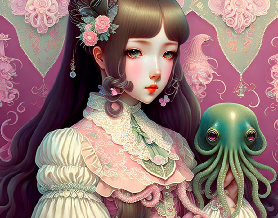 Detailed Victorian Outfit Girl with Expressive Eyes and Friendly Octopus