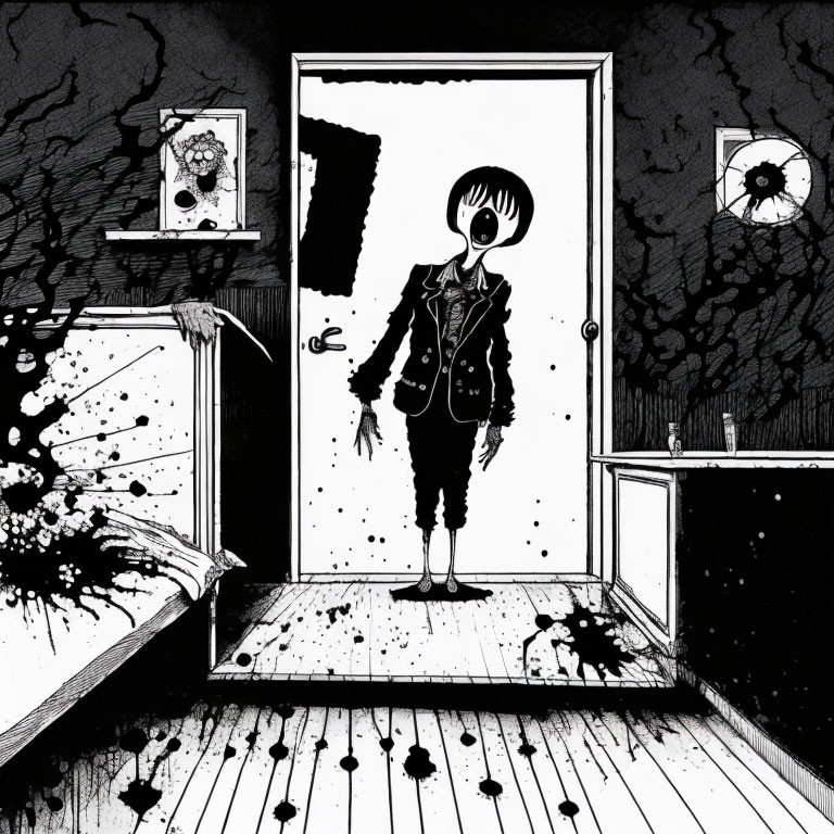 Monochrome illustration of person with oversized mouth in inkblot-splattered room