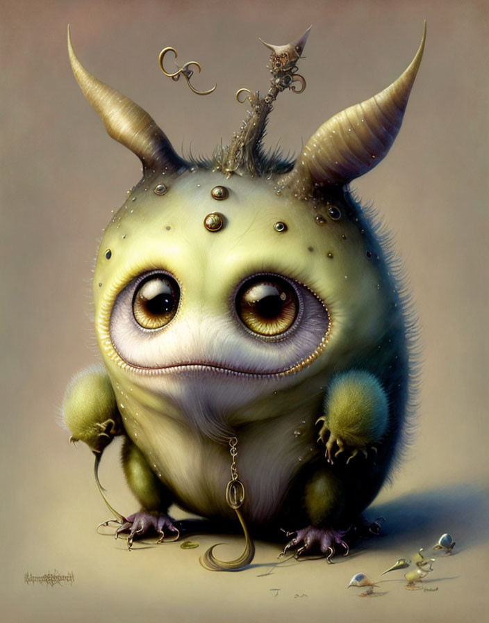 Whimsical creature with large eyes, horns, and tiny mice in a fantasy scene