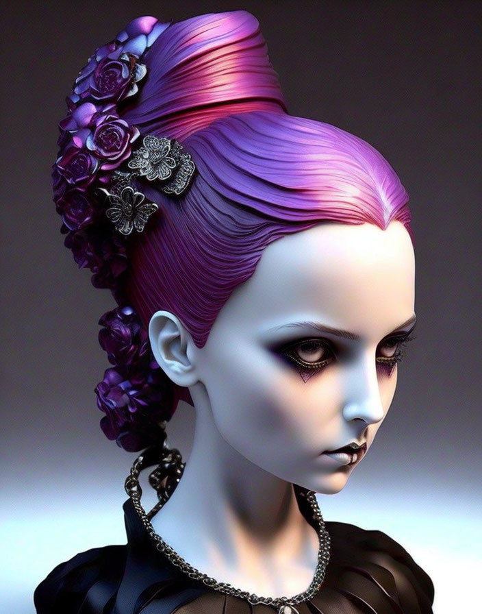 Digital Artwork: Female Character with Pink Hair and Purple Flowers