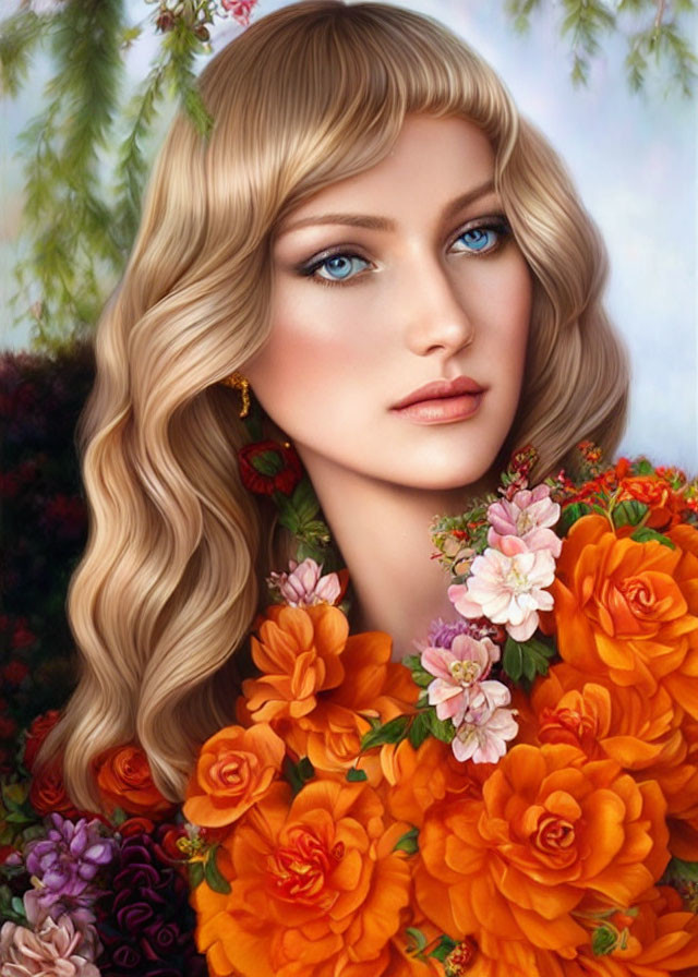 Blonde Woman Digital Portrait with Blue Eyes and Floral Roses