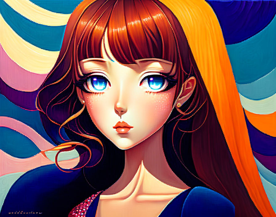 Vibrant digital artwork of a girl with blue eyes and brown hair