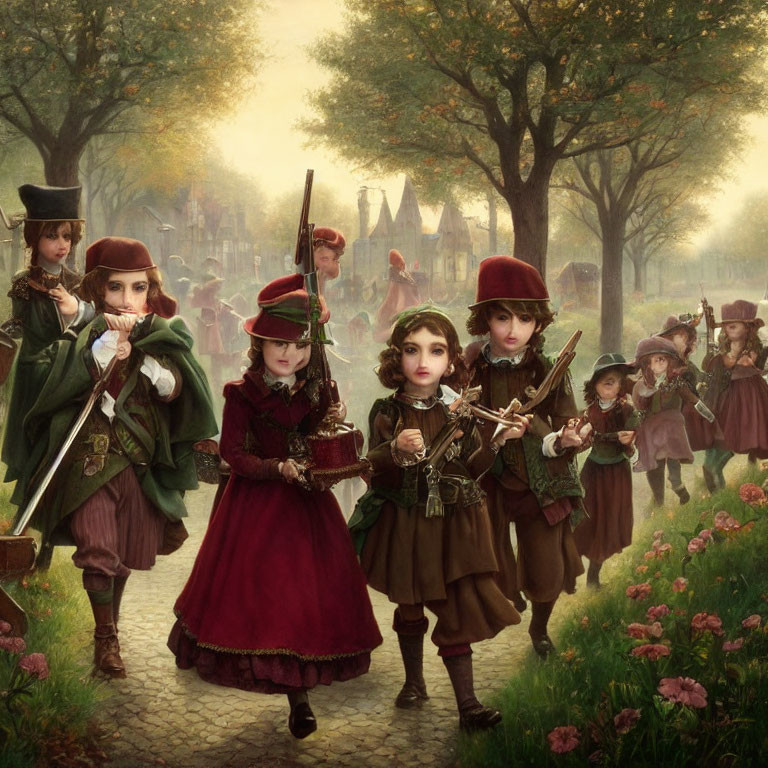 Traditional European-style clothing parade with children playing instruments on flower-lined path