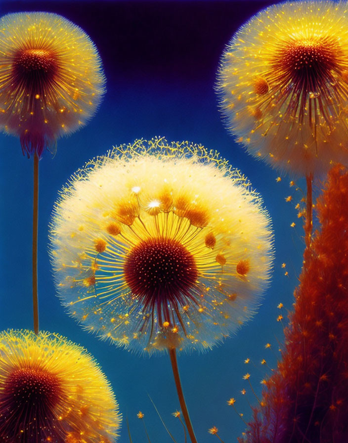 Detailed close-up of dandelion seed heads on dark blue backdrop