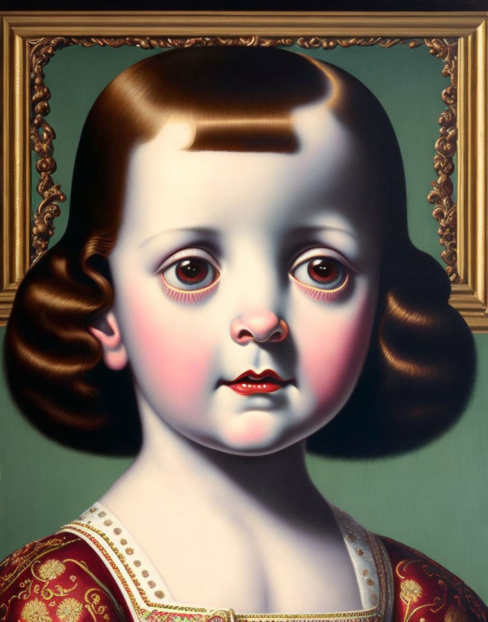 Hyperrealistic Painting of Young Child with Large Eyes and Ringlet Curls