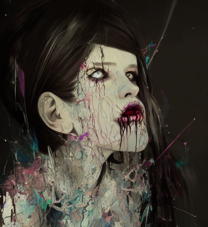 Digital artwork: Woman with dark hair, vampiric makeup, colorful paint splatter, shattered glass