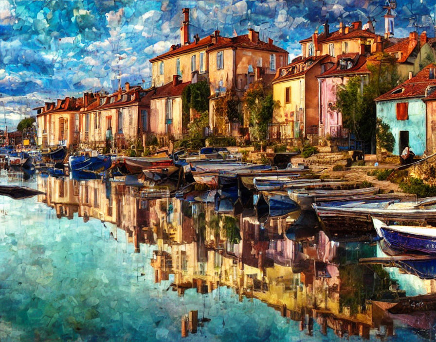 Vibrant European riverside scene with terracotta rooftops, boats, and dramatic sky