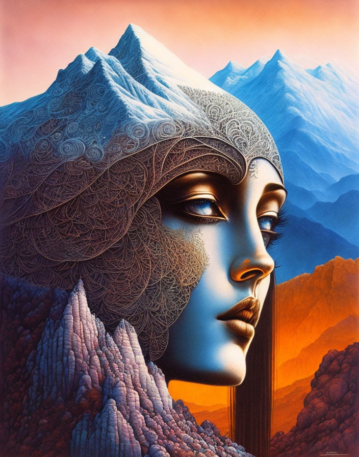 Stylized portrait of woman with intricate headgear against mountain backdrop