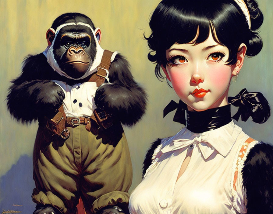 Vintage-style illustration of girl and chimpanzee in attire.