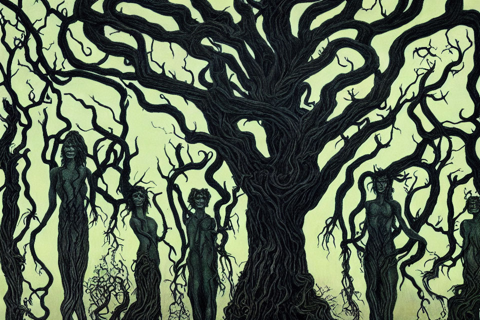 Detailed artwork: Twisted tree with human-like figures on green background