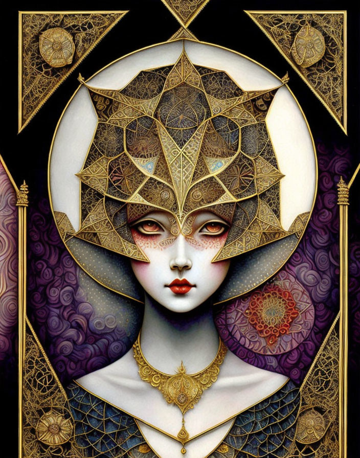 Stylized female figure with gold headdress on dark ornate background