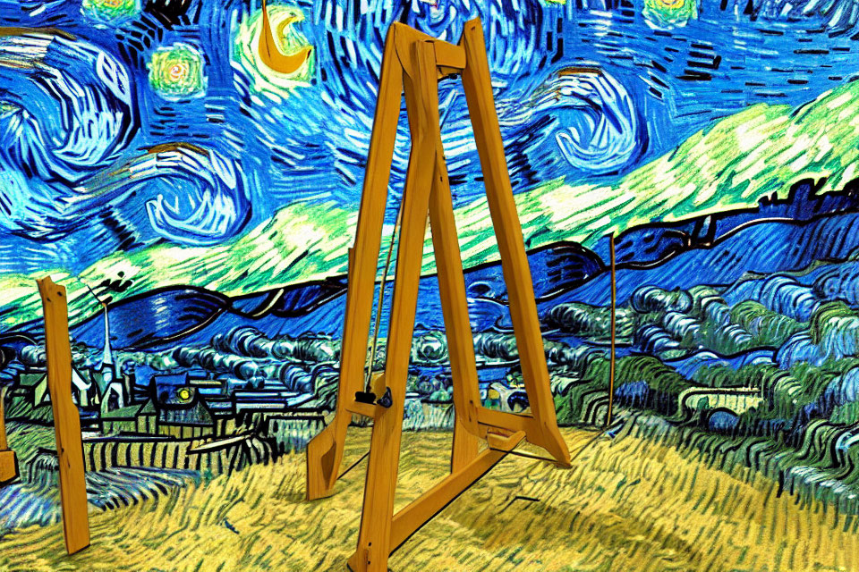 Digital artwork: Wooden easels on "Starry Night" painting