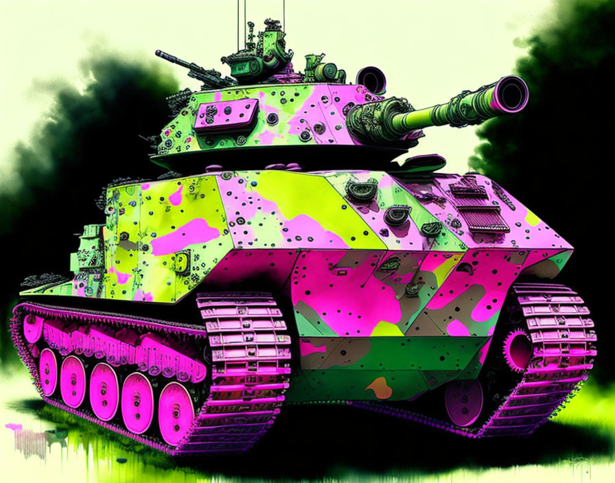 Colorful Tank with Pink, Green, and Yellow Camouflage on Neon Background