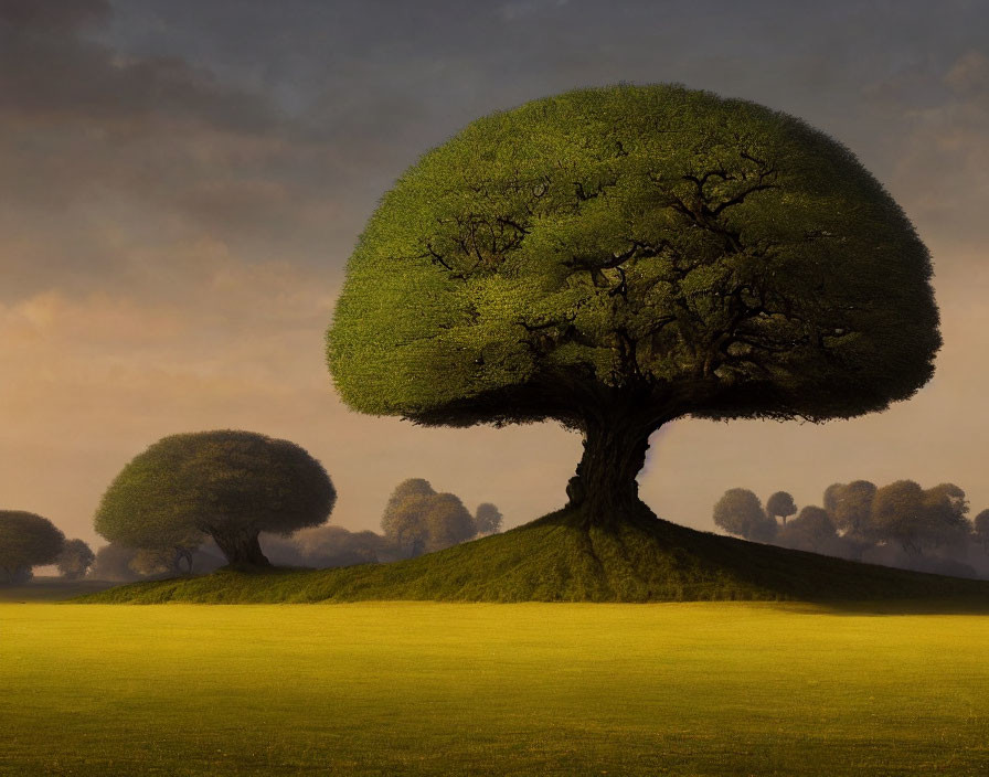 Foggy landscape with prominent tree under warm sky