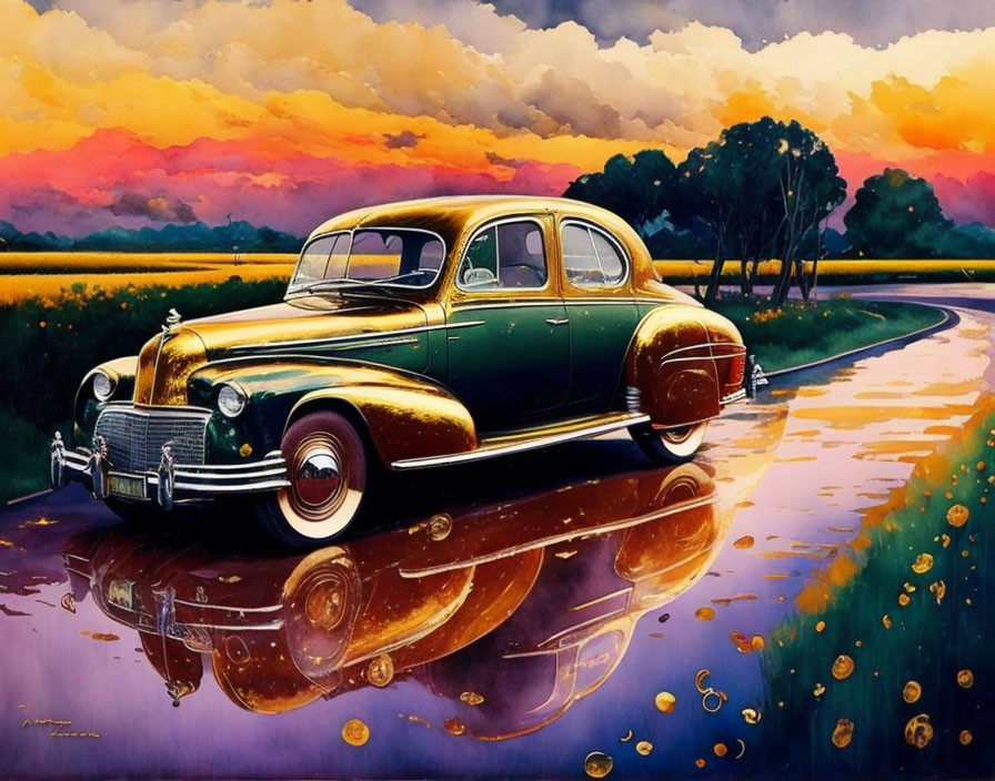 Vintage green car parked on wet road under vibrant sunset sky