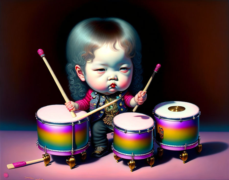 Exaggerated head toddler playing colorful drum set