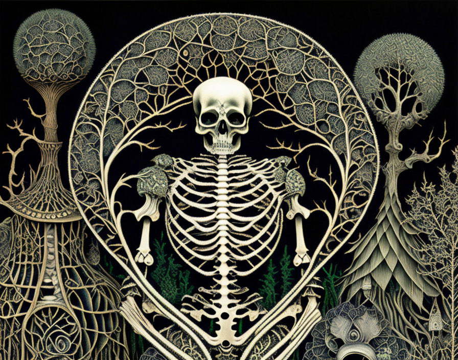 Skeleton in Circle Surrounded by Forest Theme Illustration