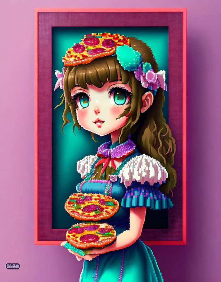 Illustrated girl with green eyes in colorful dress holding decorated doughnuts