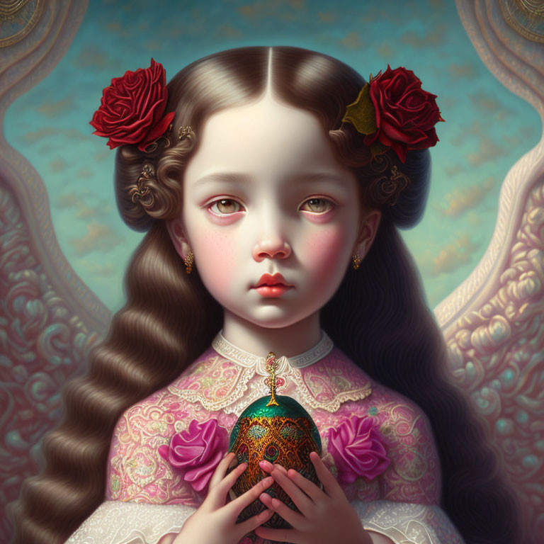 Portrait of girl with pale skin, dark hair, red flowers, holding ornate egg