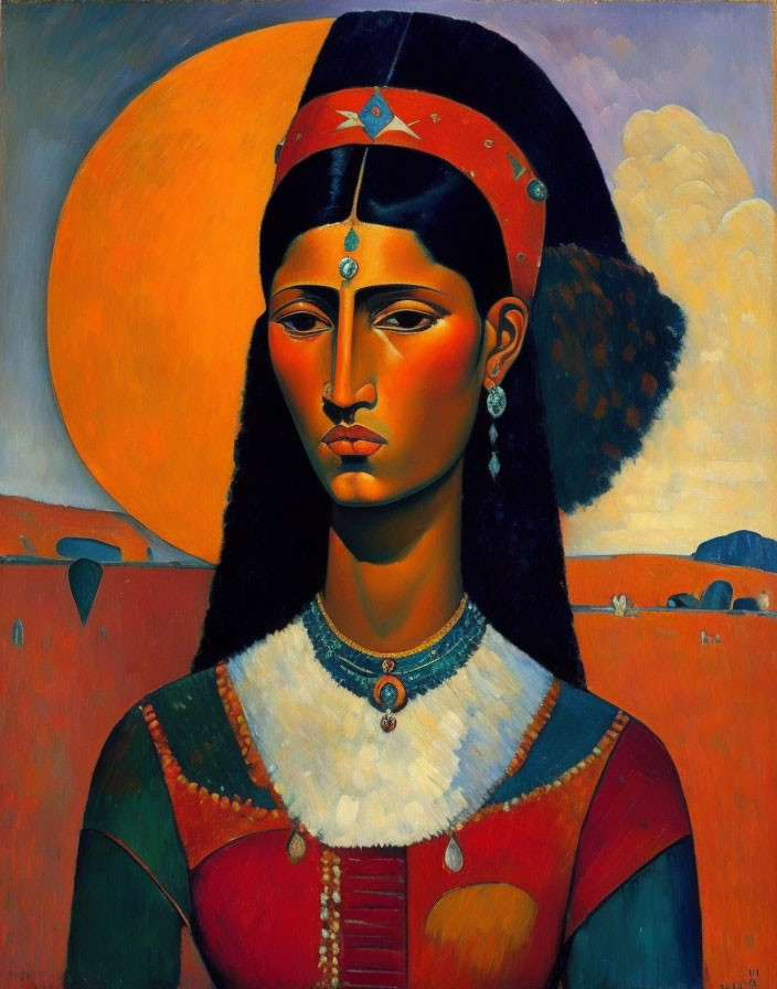 Stylized woman portrait with sun disc and traditional attire on orange backdrop