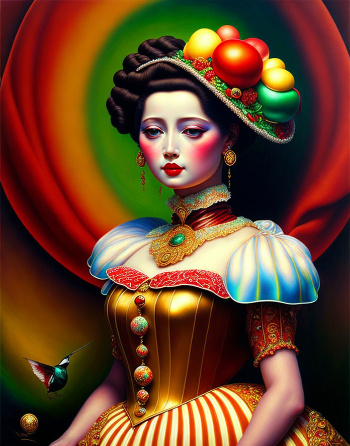 Colorful digital artwork: Woman with fruit-adorned hair, gold and blue corset, humming