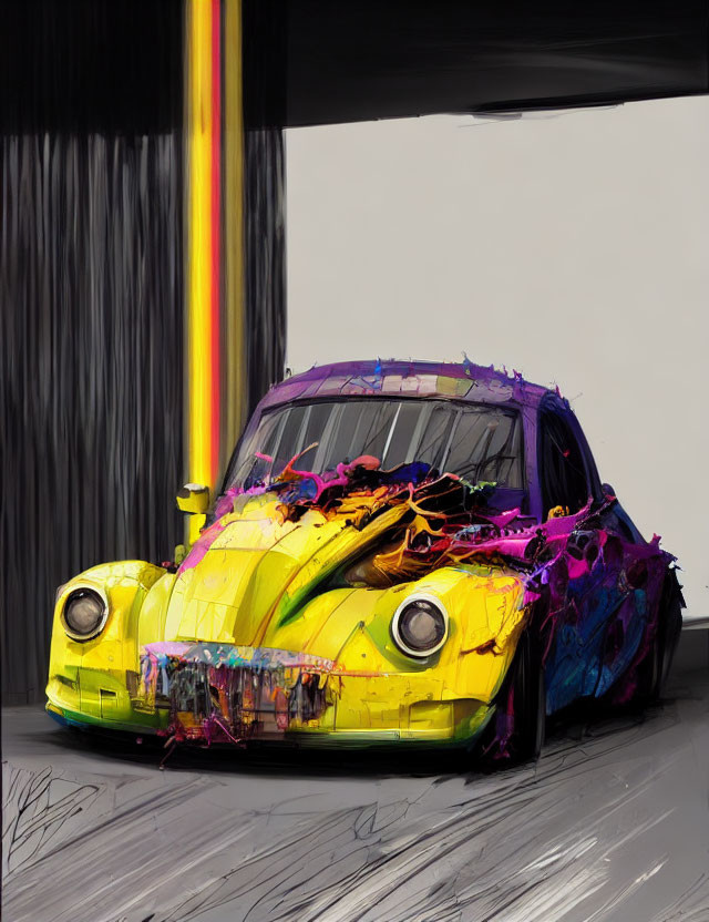 Colorful Abstract Painting of Classic Car with Vibrant Splashes on Grey Background